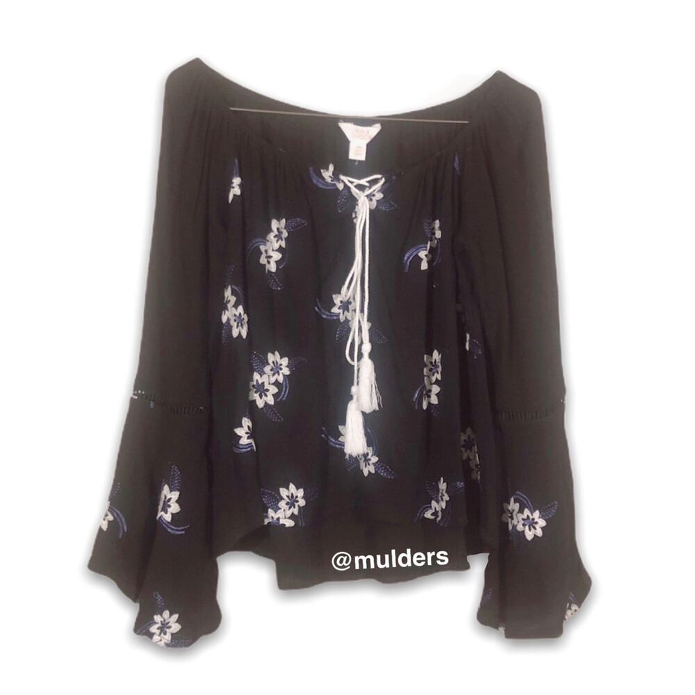 Nordstrom Sun & Shadow Floral Bell Long Sleeve Black Goth Boho Blouse Top